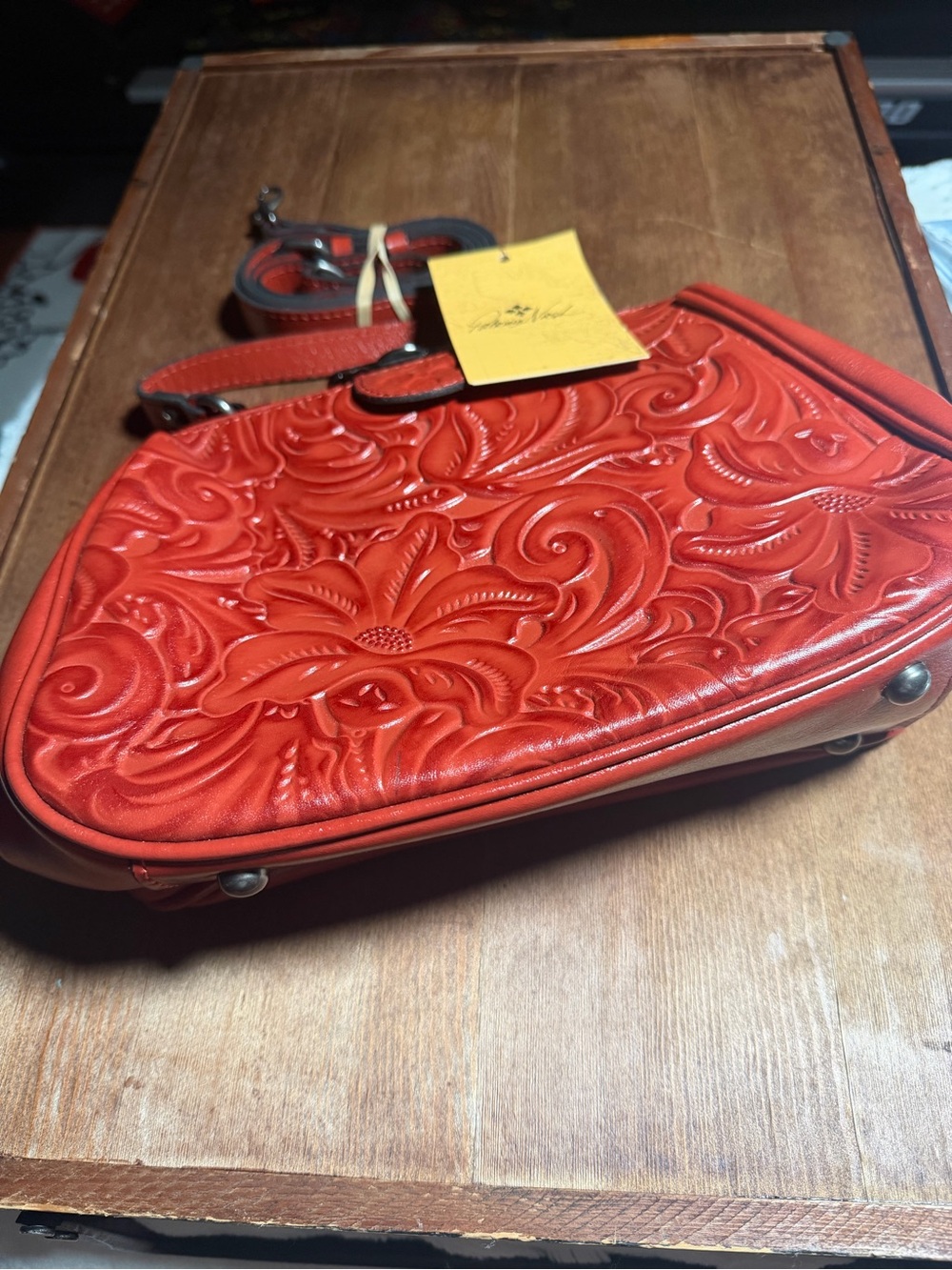 Patricia Nash Gracchi Red Coral Tooled Leather Satchel Crossbody Bag w/ tags